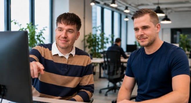 2 junge Männer in einem Büro vor einem Computer